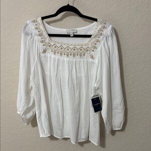 Lucky Brand White Relaxed Embellished Blouse